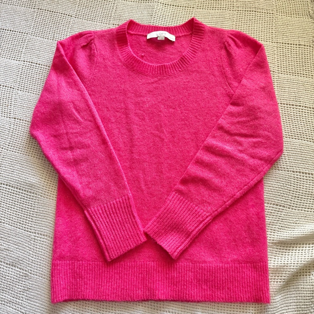 Loft Hot Pink Knit Sweater with Puff Sleeves XS Petite - Picture 6 of 13